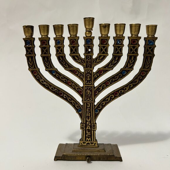 Vintage 1960s Israeli Brass Enamel Menorah-9 Branch Jerusalem Judaica-Ha 6.5"H - Picture 4 of 15
